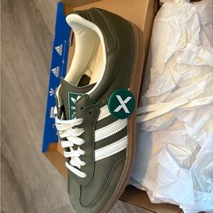 Adidas Men's Olive Green Sneakers with White Stripes